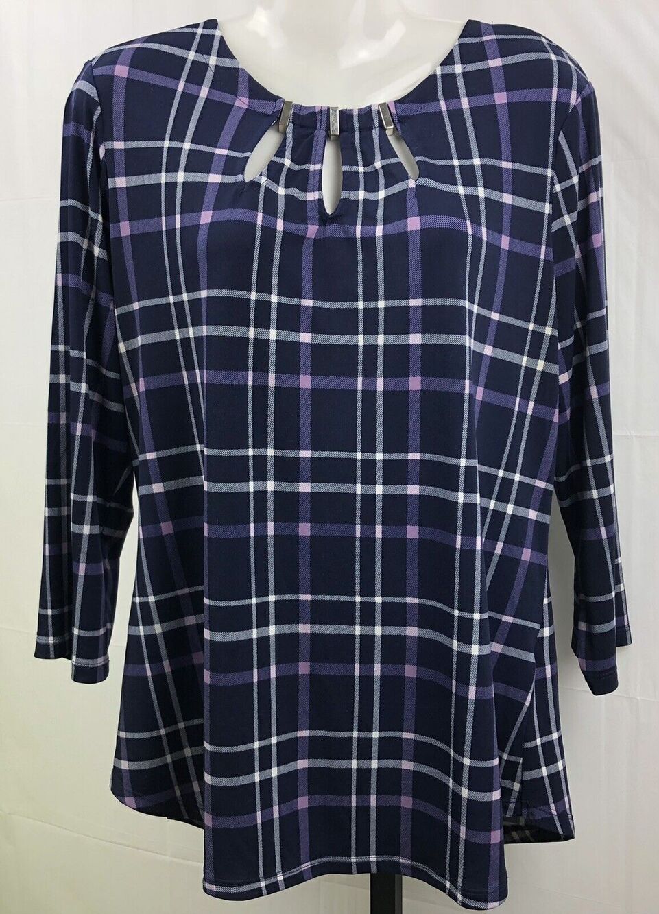 7th Avenue NY& Co Blouse Women L Navy Plaid Embellish Keyhole Stretch Top Career